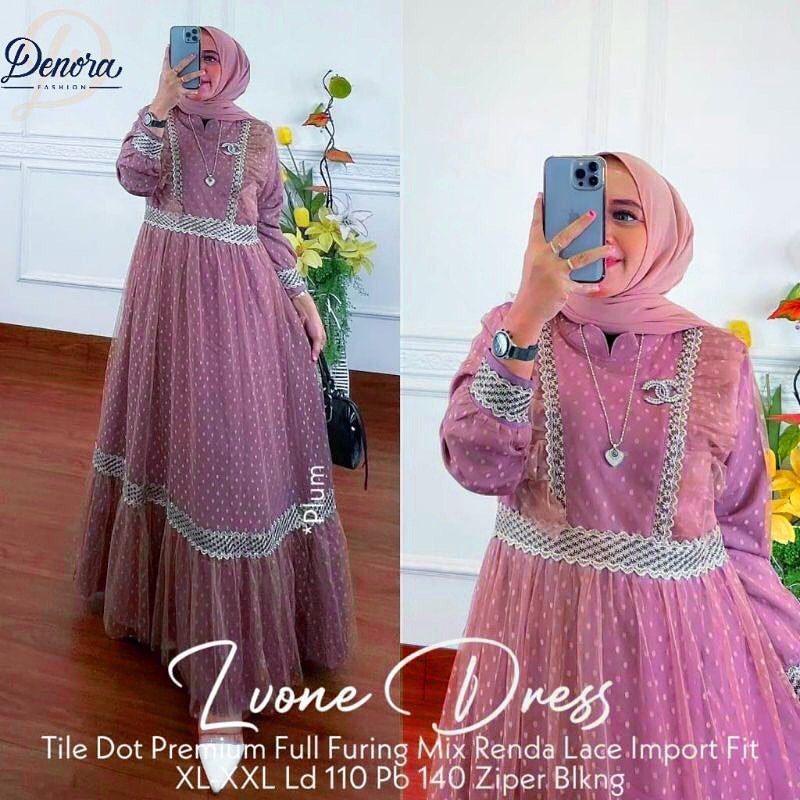 Gamis Mewah Bahan Tile Dot Premium Lapis Puring Livone Dress Fashion Wanita