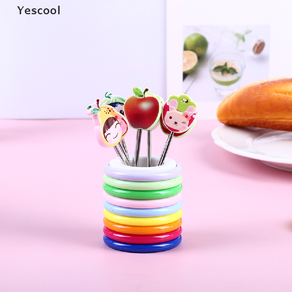 Yescool 1 Set Garpu Buah / Dessert Bahan Stainless Steel Desain Hewan Warna Pelangi Dengan Toples Penyimpanan