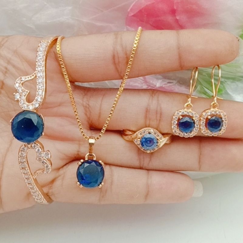 Set perhiasan wanita permata warna biru terpopuler