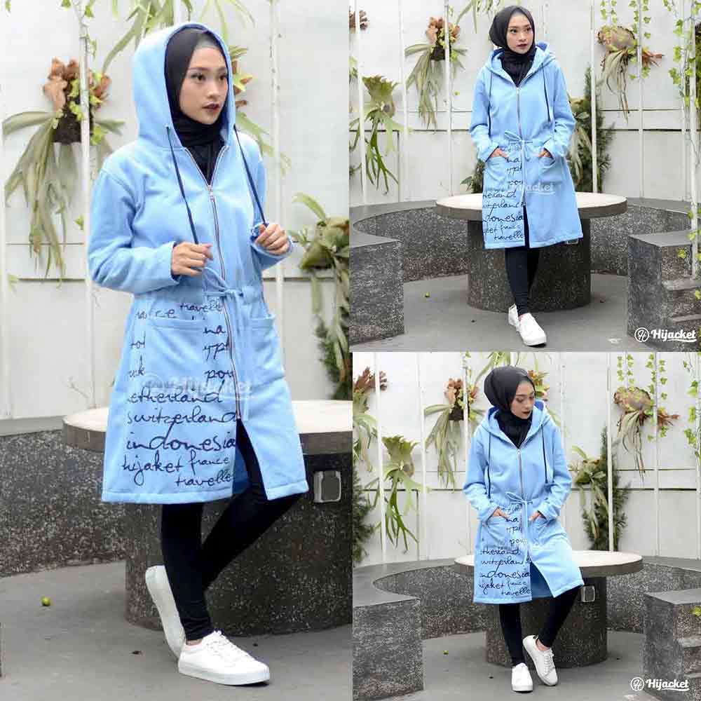 Jaket Jacket Hoodie Panjang Wanita Cewek Muslimah Hijabers Kekinian Terbaru Fleece Hijacket UB-Biru Langit