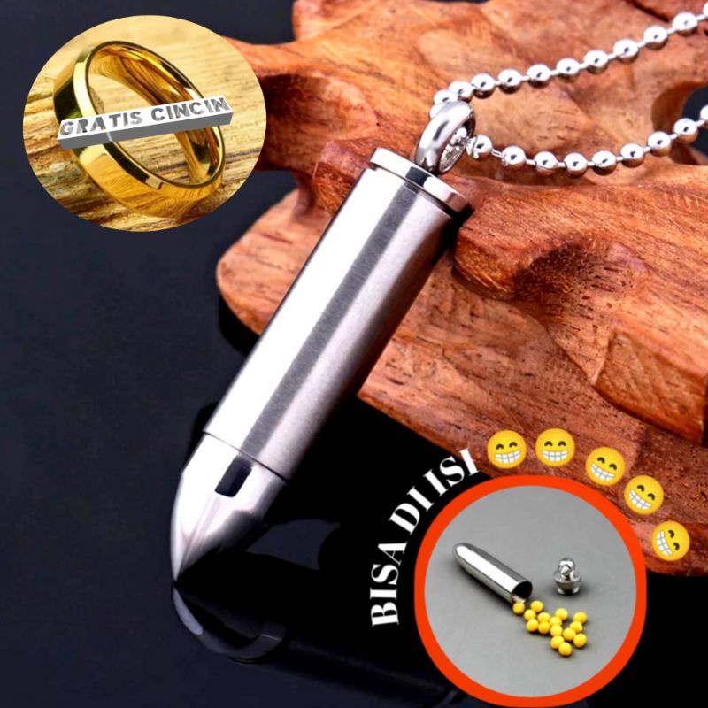 TERMURAH Kalung Pria Liontin Peluru Titanium Silver Bandul Misil bisa dibuka Cowok cewek