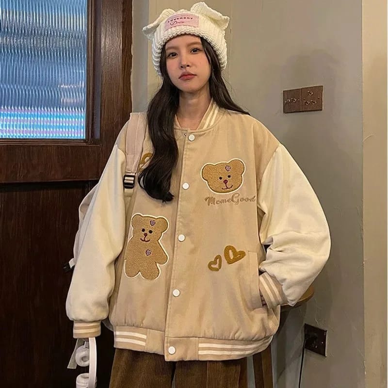 Meme Good Bear Jaket Baseball Fleece Tebal Premium Outerwear Wanita Korean Style Fashion Terlaris | 