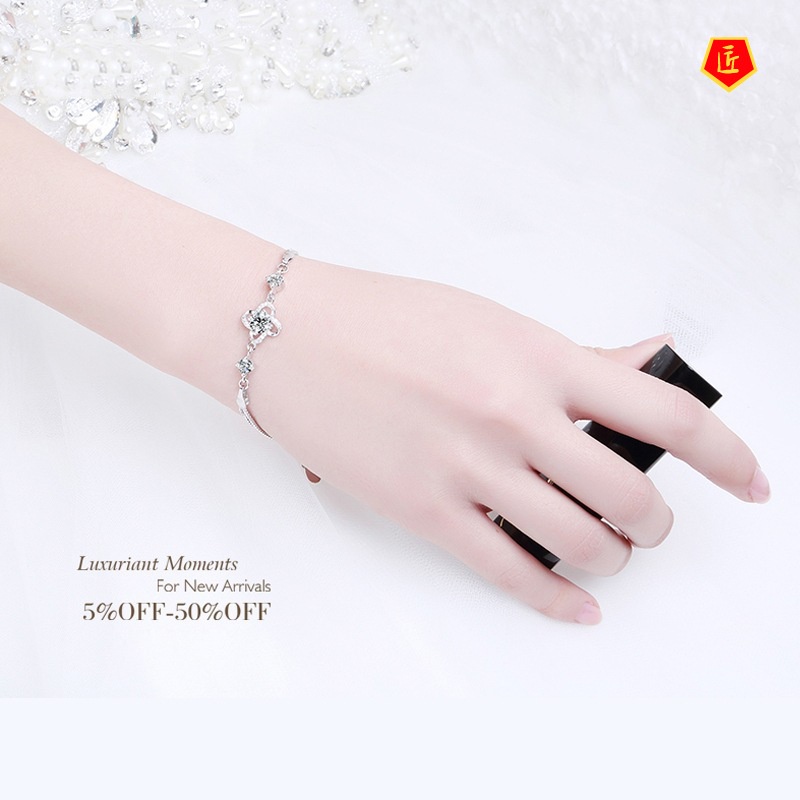 [Ready Stock]Fashion Diamond Silver Clover Bracelet