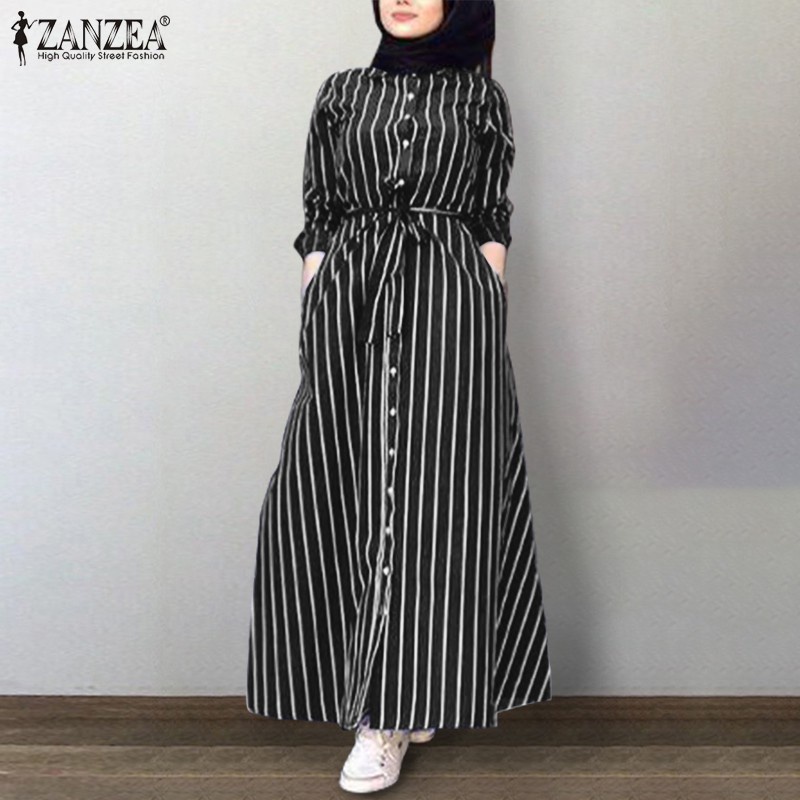 ZANZEA Women Long Sleeve Lapel Collar Belted Striped Muslim Long Dress