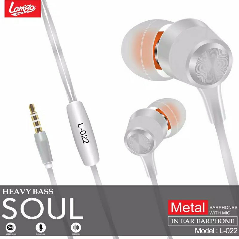 Earphone L22 Metal Body SOUL BASS stereo music telfon daily headset mic original