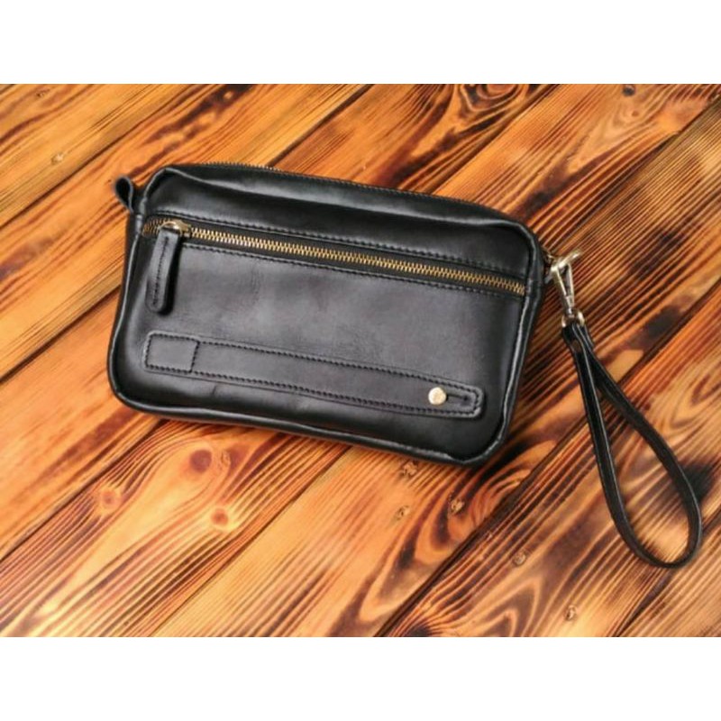 TAS TANGAN PRIA BAHAN KULIT ASLI GARUT LEATHER POUCH PRIA CLUTCH HAND BAG KULIT ASLI GARUT - HITAM