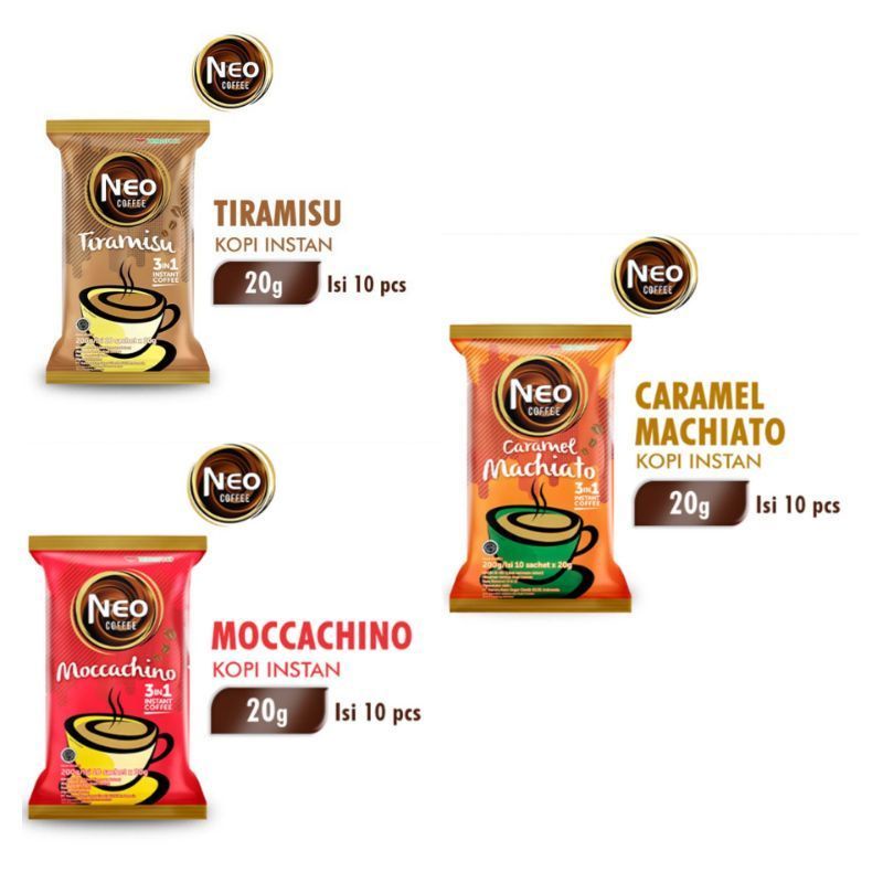 

NEO COFFEE ISI 10 RENTENG MOCCACHINO,CARAMEL MACHIATO, TIRAMISU KOPI INSTAN NEO COFFE