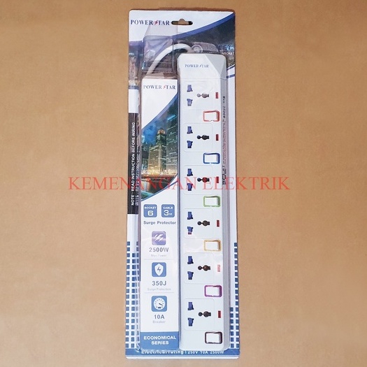 POWERSTAR STOP KONTAK 6 LUBANG + SAKLAR / COLOKAN LISTRIK KABEL 3 METER 3M POWER STAR / STOPKONTAK MASING MASING SWITCH 6 LOBANG 3METER 3 M