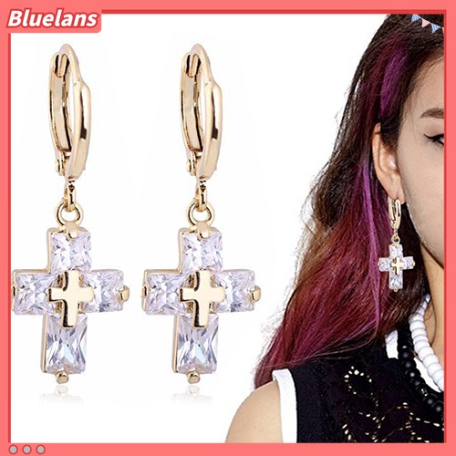 Anting Hoop Model Silang Menjuntai Bahan Cubic Zirconia Untuk Wanita