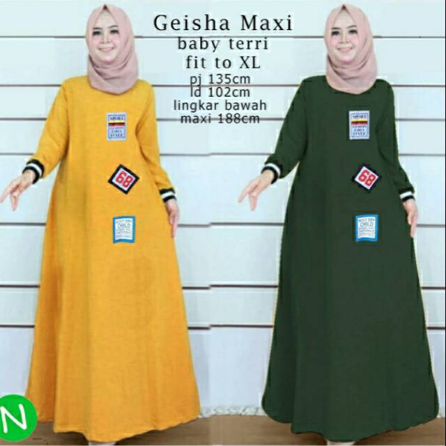 geisha maxi, Maxi dress, dress muslim, kekinian dress, gamis, gamis babyterry, lengan list, kekinian