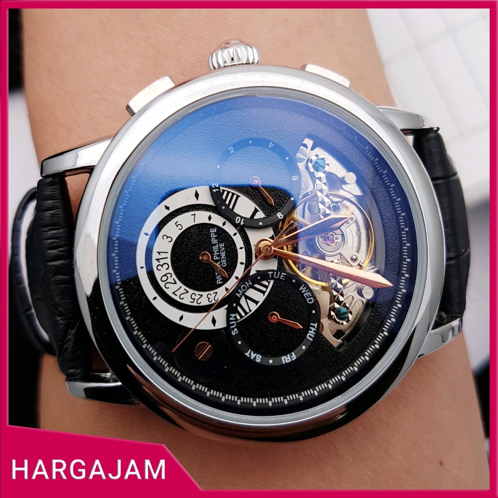 Jam Automatic Patek Philippe PP2147 Super Chrono Strap Leather Black Kulit Hitam Bezel Silver