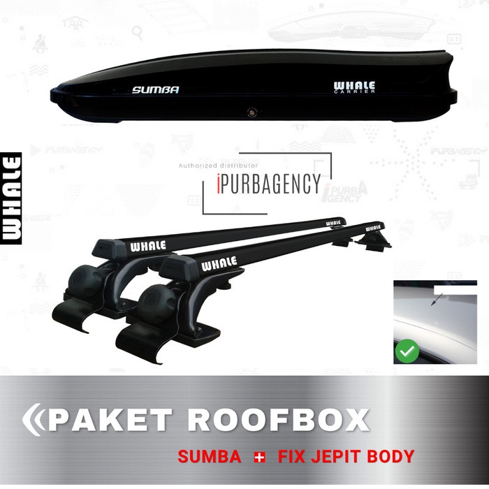Jual Paket Roof box Whale Sumba dan Cross bar Fix Jepit Body Black