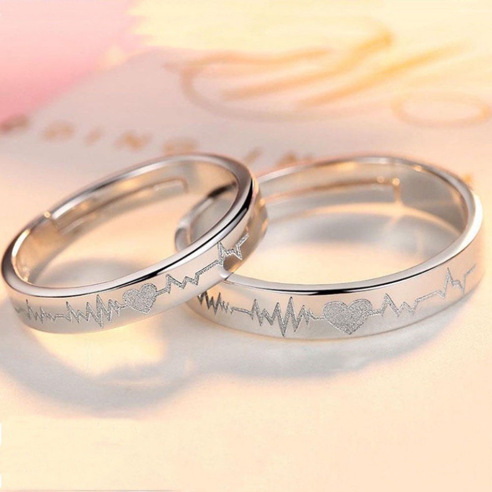 2pcs / set Cincin Jari Telunjuk Model Terbuka Desain Detak Jantung Untuk Pasangan