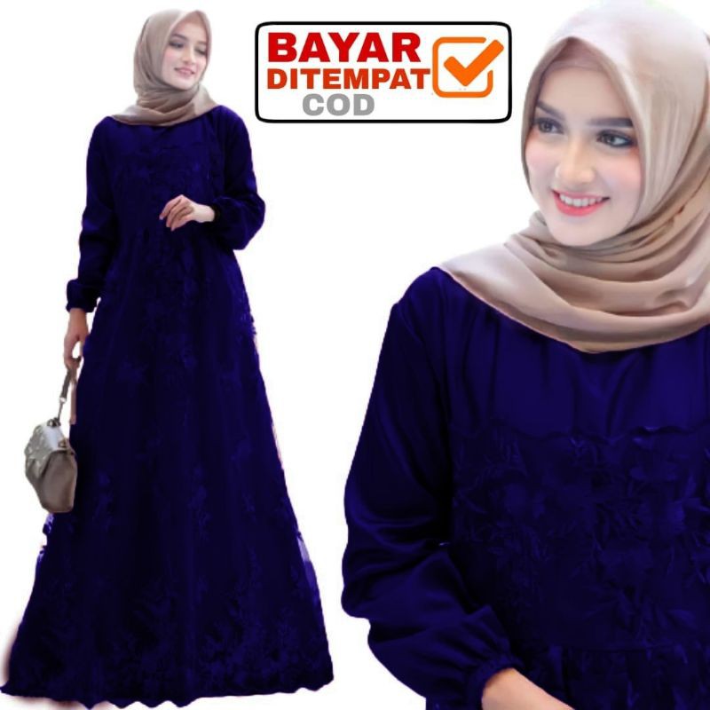 Size L XL XXL / Gamis Muslim Farasya / Maxi Brukat Selma Tulle Premium Jumbo Murah Brokat Navy Marun-6