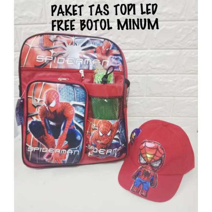 Tas ransel anak laki-laki karakter spiderman gratis topi led botol minum - tas anak