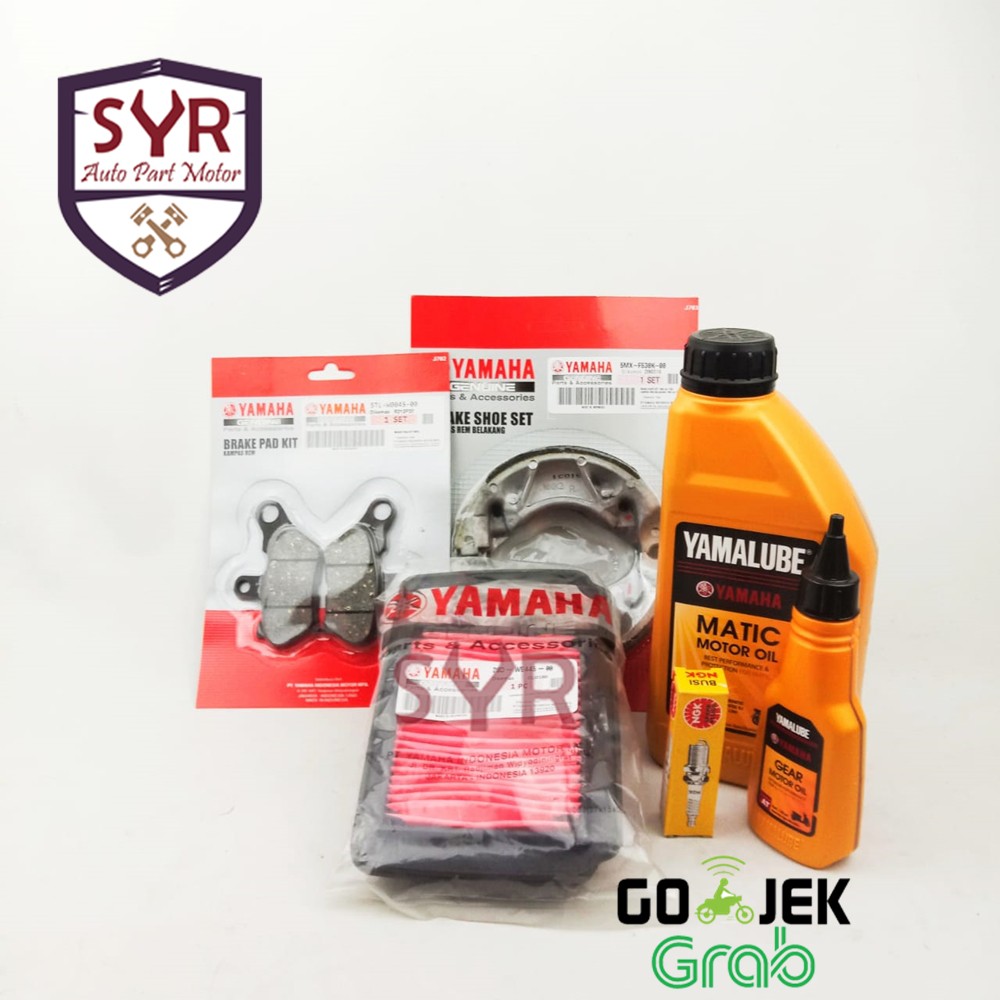 PAKET SERVICE MIO LAMA KAMPAS REM+FILTER UDARA+BUSI+OLI MESIN+OLI GEAR (5TL+5MX+28D+C7+GEAR+YAMALUB)