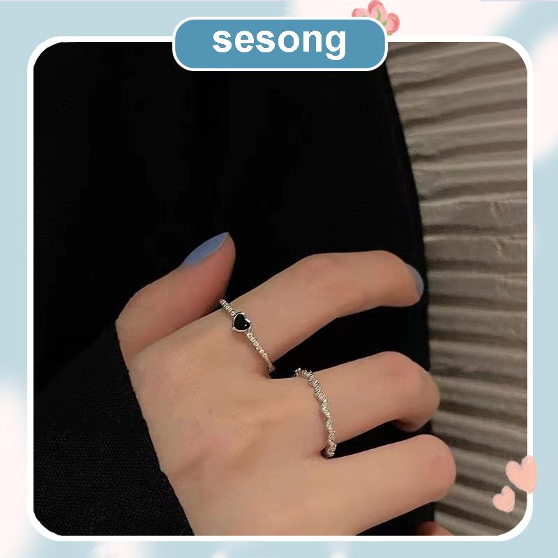 2pcs / Set Cincin Jari Telunjuk Desain Hati Warna Hitam Korean Drip-glazed Heart-shaped SS