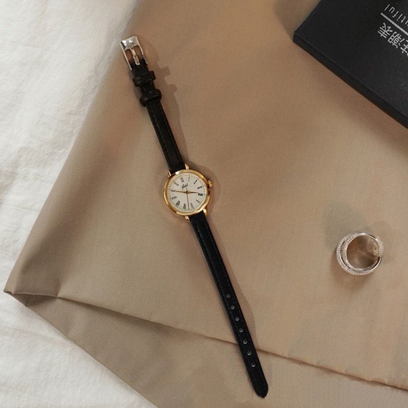 Jam Tangan Quartz Strap PU Analog Casual Gaya Retro Wanita Bulat Watch Korean Fashion RM027-HITAM