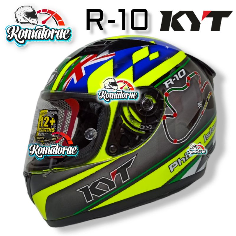 HELM KYT R10 FLAT VISOR PHILIP ISLAND GP RC CIRCUIT YELLOW FLUO GREEN BLUE FULL FACE