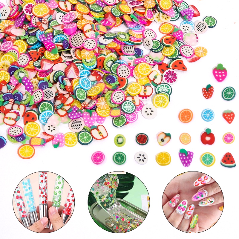 1000pcs / Pak Clay Polymer Resin 3D Motif Buah / Hewan / Bunga / Daun Untuk Dekorasi Nail Art DIY