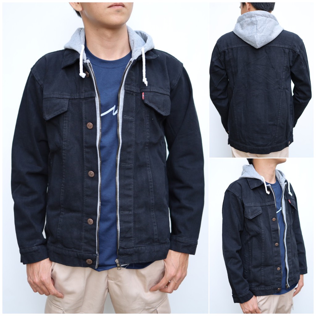 Jaket Jeans Hoodie Ariel Kombinasi Abu / Jaket Jeans Denim Pria Hoodie Ariel - Hitam