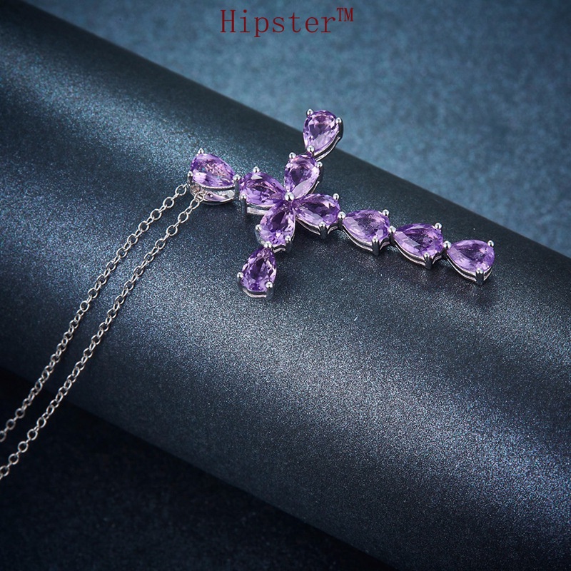 Silver Amethyst Diamond Creative Cross Color Gem Pendant Necklace