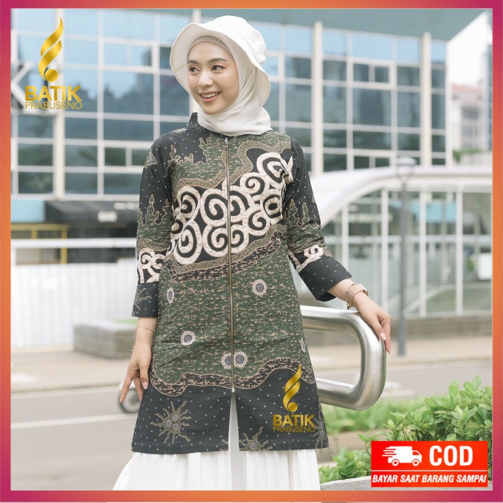 MALIKA Tunik Batik Wanita Prabuseno Modern  Lengan Panjang Katun Lapis Furing Modern Kerja Kantoran 