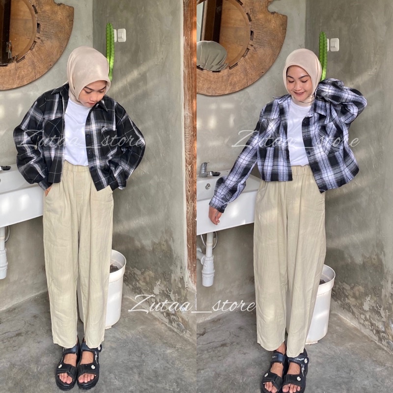 Kemeja crop top saku oversize viral flanel // kemeja crop flanel daily office shirt premium