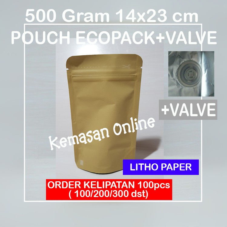 (14x23cm) Kemasan Kopi 200-250gr Standing Pouch Alumunium Foil Ecopack Litho 500gr+ziplock+valve