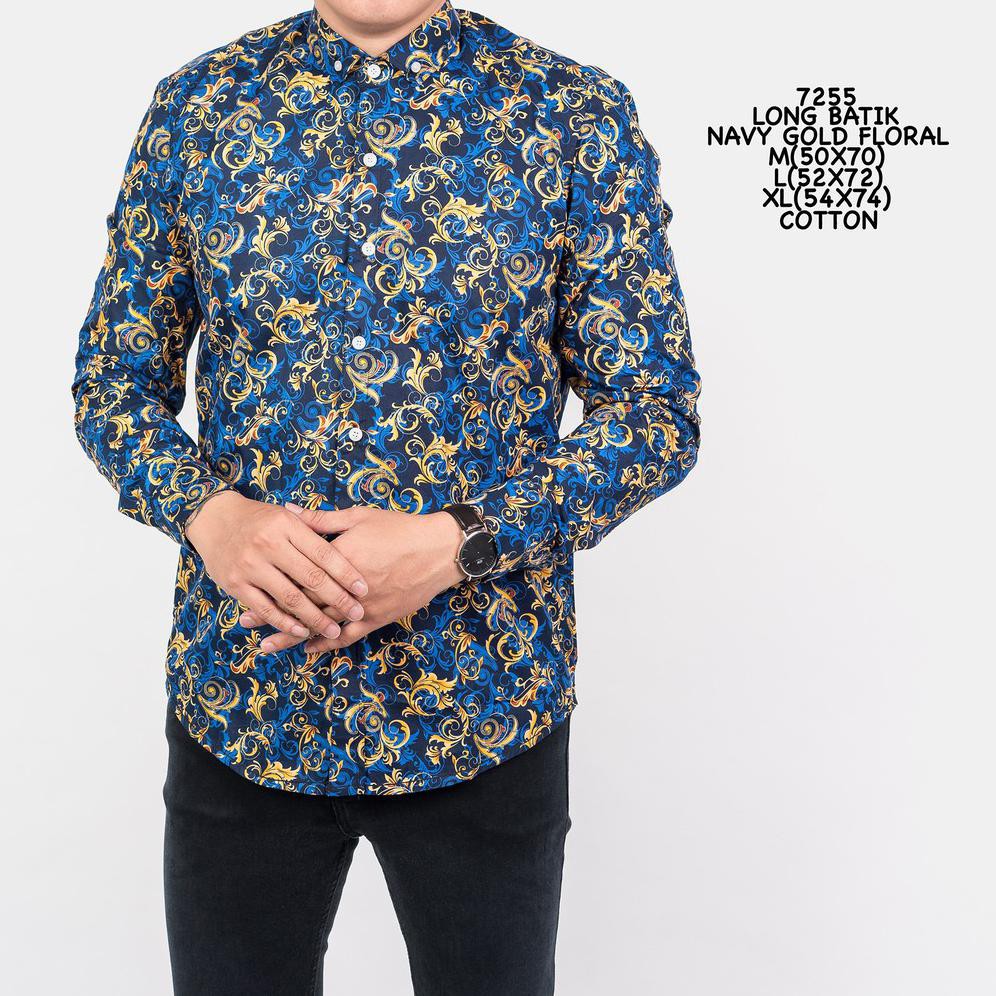 Credomenstore 7255 Kemeja Batik Pria Lengan Panjang Biru Navy Gold Floral Lte