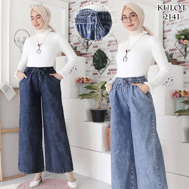 Celana jeans kulot kekinian jumbo rawis snow black high waist jeans jumbo pinggang karet sobek kekin