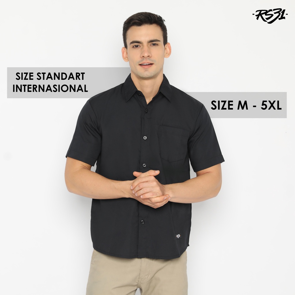 RS31 Baju Kemeja Atlanta Shirt Black Cowok Jumbo - Kemeja Pria Warna Lengan Pendek Hitam Polos, Baju Kerja, Pakaian Kantor,  Ukuran Super Big Size/Jumbo Hitam