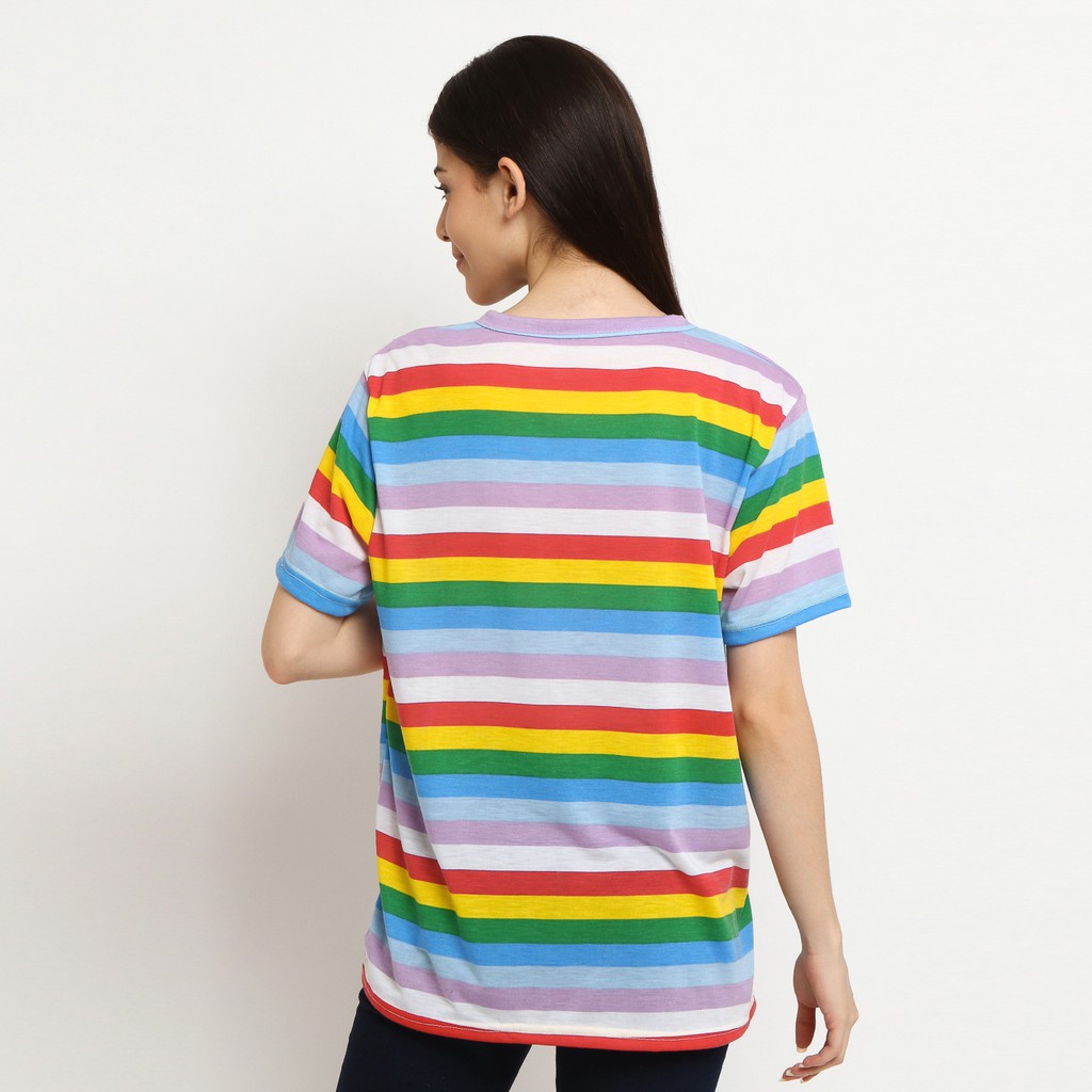 KAOS T-SHIRT ONECK MOTIF GARIS PELANGI SWEET CANDY RAINBOW - YELONIX