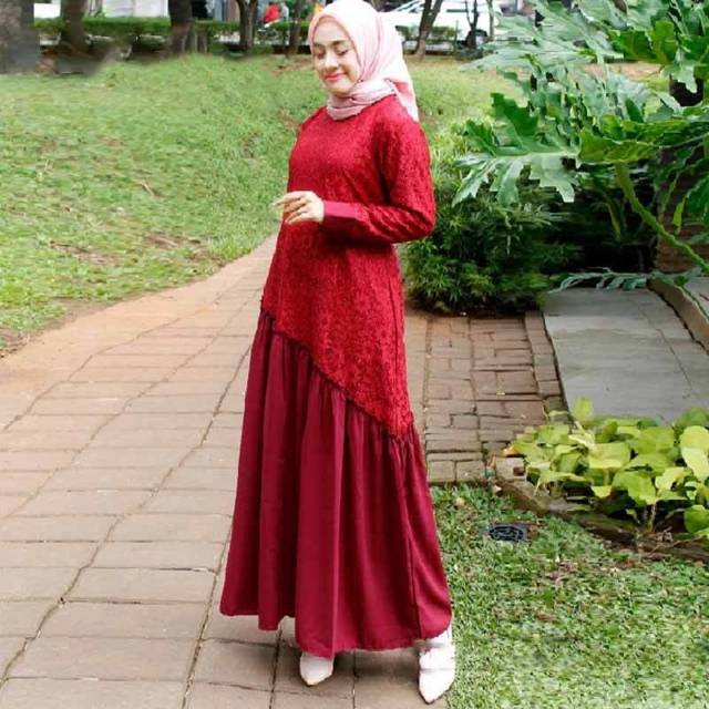 Dress Brokat / Brukat - Gamis jersey rempel miring murah cantik terbaru elegan