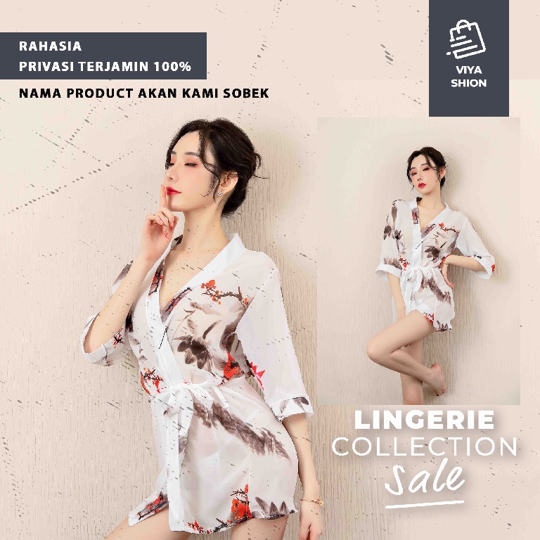 Kimono Lingerie Set Dress Gaun Piyama Baju Tidur Sexy Wanita Seksi Bunga Putih Flowers Cosplay Hot Dewasa Premium-3