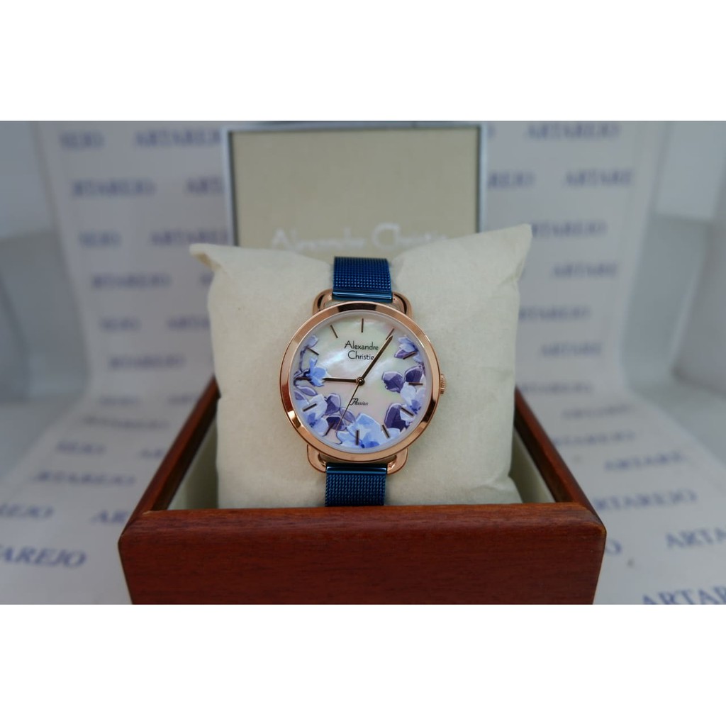 JAM TANGAN WANITA ALEXANDRE CHRISTIE AC 2852 BIRU ROSEGOLD BUNGA