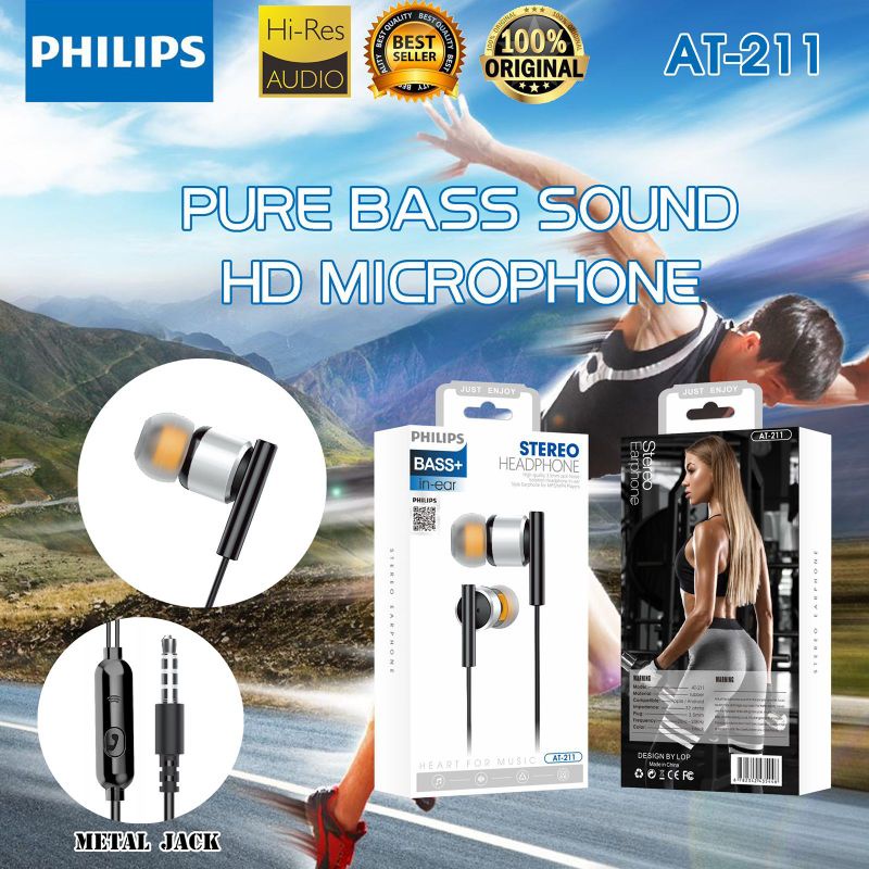 Handsfree Headset Earphone Philips AT-211 Plus Mic Stereo Suara Bagus