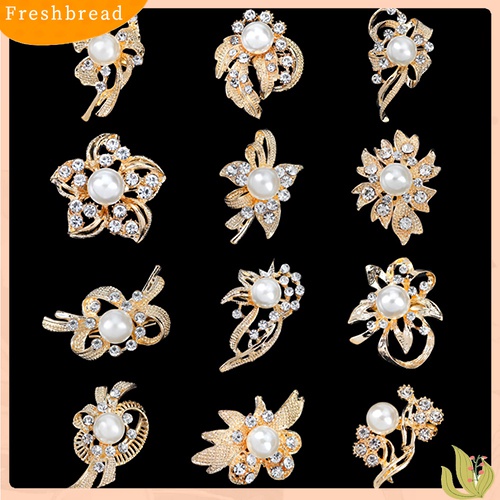 [ TERLARIS]12 Pcs Women Faux Pearl Rhinestone Flower Brooch Pins Bridal Scarf Lapel Decor