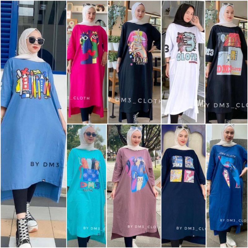 Tunik Kaos Dm3 / Long Tunik Original Dm3 / Tunik Wanita Kaos Lengan Panjang / Tunik Oversize Jumbo /