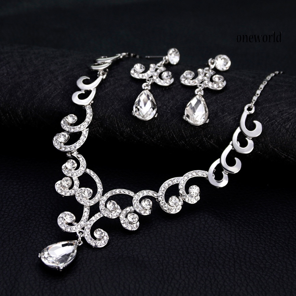 OW@ Lady Fashion Rhinestone Pendant Earrings Necklace Luxury Bridal Jewelry Set