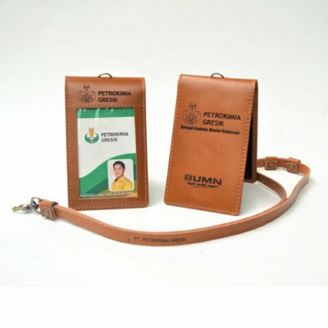 ID Card Holder Kulit Asli Logo free Tali Lanyard Kulit