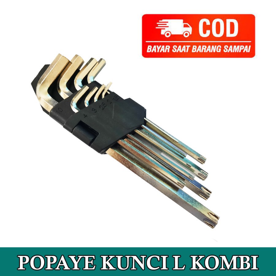 Kunci L Kombinasi Set 9 pcs Lubang Kunci L Segienam + L Bintang