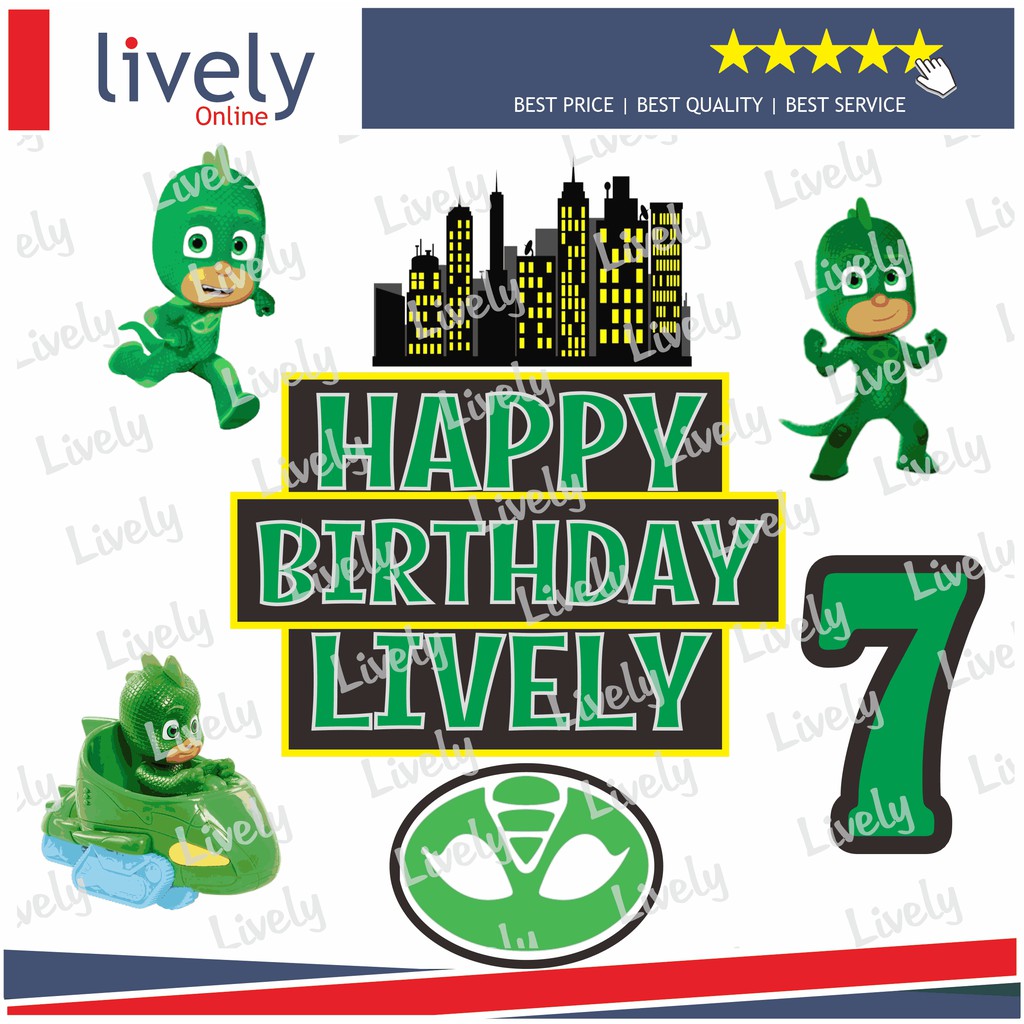 CUSTOM NAMA HIASAN KUE ULANG TAHUN KARAKTER PJMASK GEKKO CAKE TOPPER HAPPY BIRTHDAY