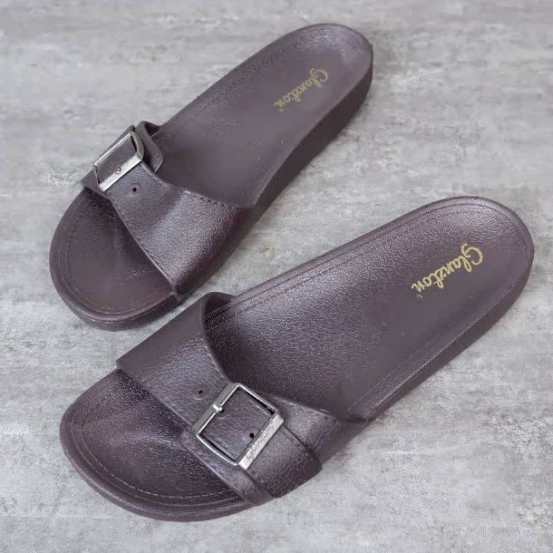 Sandal Wanita Glanzton F2153 Sendal Gesper Slop Selop Karet Jelly Glanston Glaston Import Impor Slip On Birken Perempuan Lentur Elastis Empuk Cewek Murah-GLZ Coklat Tua