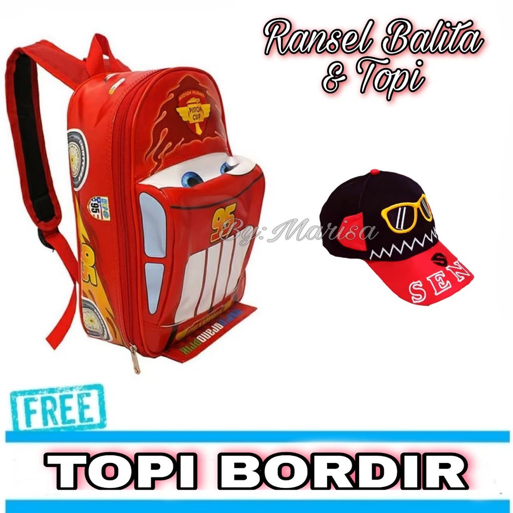 Tas Ransel Mobil Superhero Anak Laki Laki Paud TK SD Free Topi