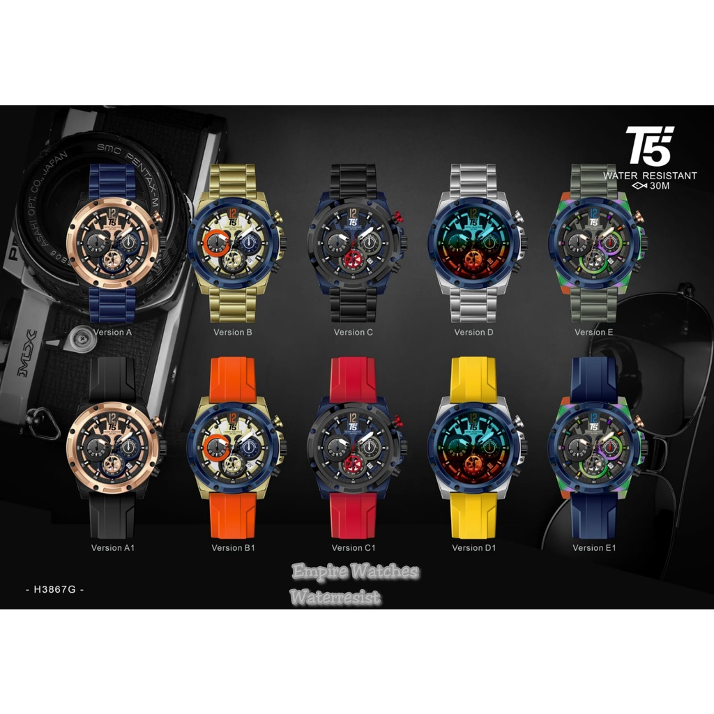 Jam Tangan T5 H3867G 3867 Pria Cowok Analog Chrono dan Tanggal Aktif Rantai Stainless Kualitas Origi