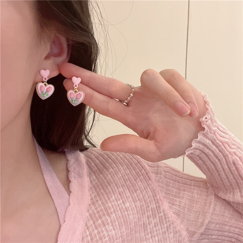 Anting Tusuk Motif Bunga tulip Warna Pink Untuk Wanita