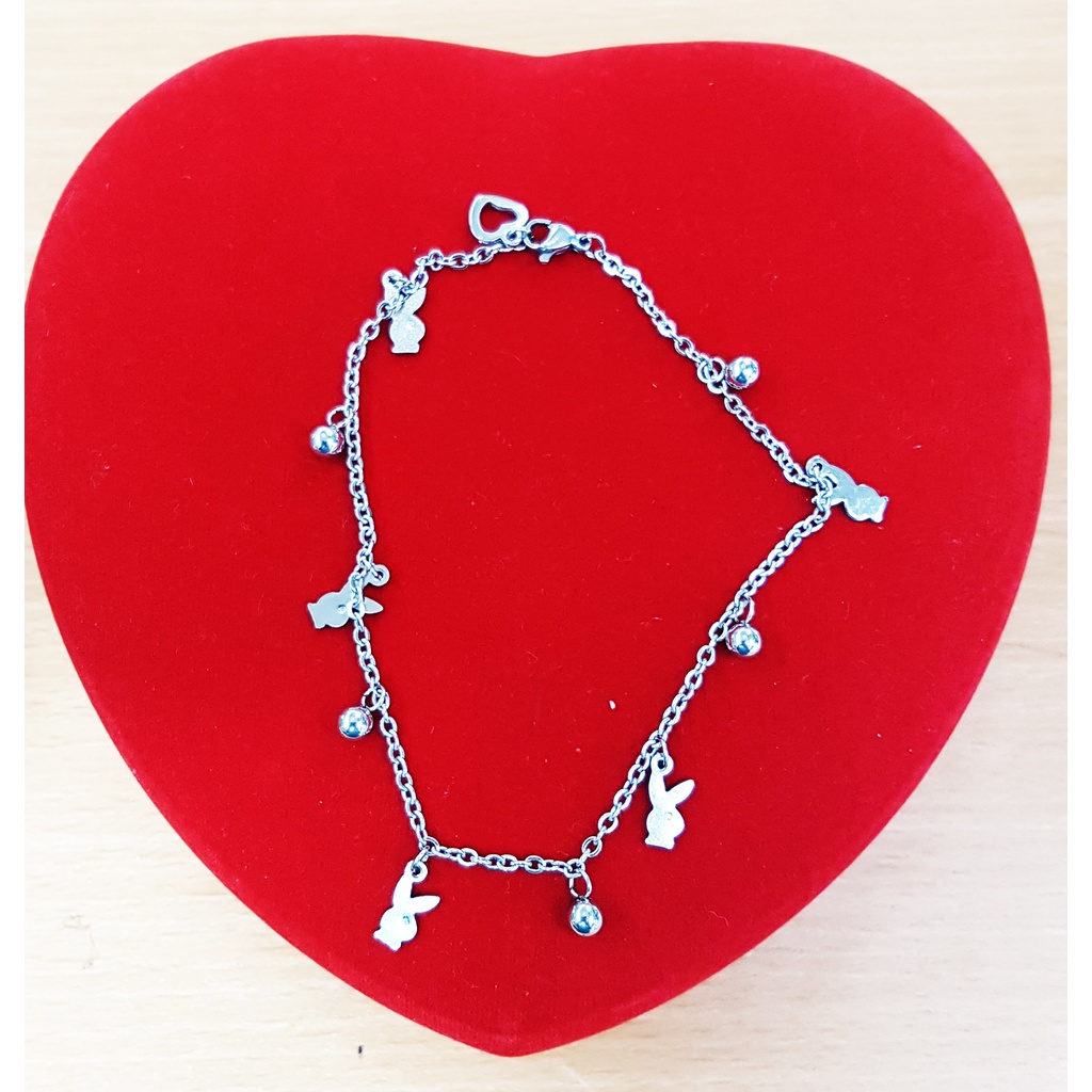 Gelang Tangan Cewe Elegan Model Nuri Gantungan Bola & Kelinci, Besi Putih Asli ambon