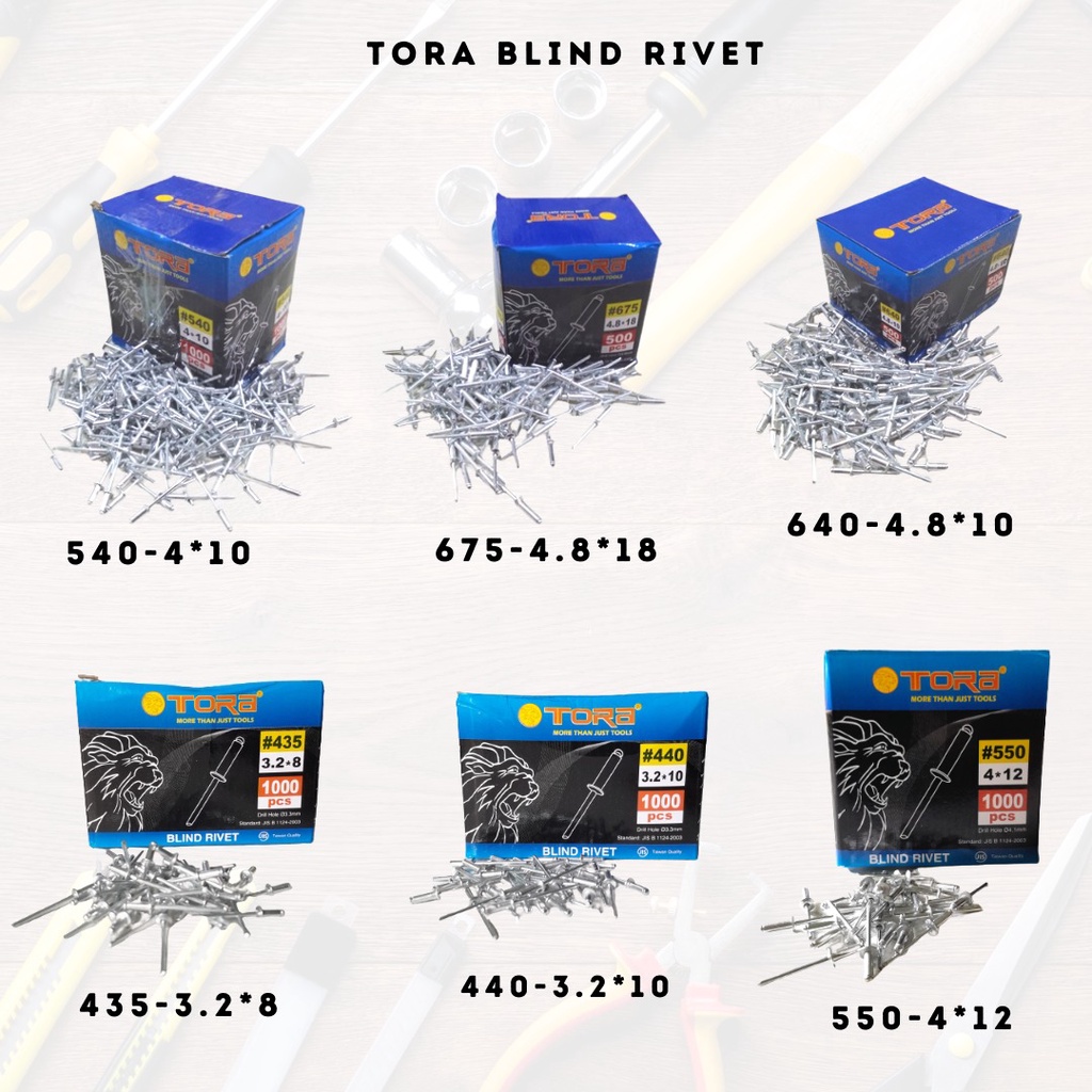 kualitas TERJAMIN ! TORA Paku Rivet Warna Silver ISI 1box PCS SEMUA UKURAN 550 4X12MM 435 3,2X8MM 440 3,2X10MM 540 4X10MM 640 4,8X10MM 675 4,8X18MM