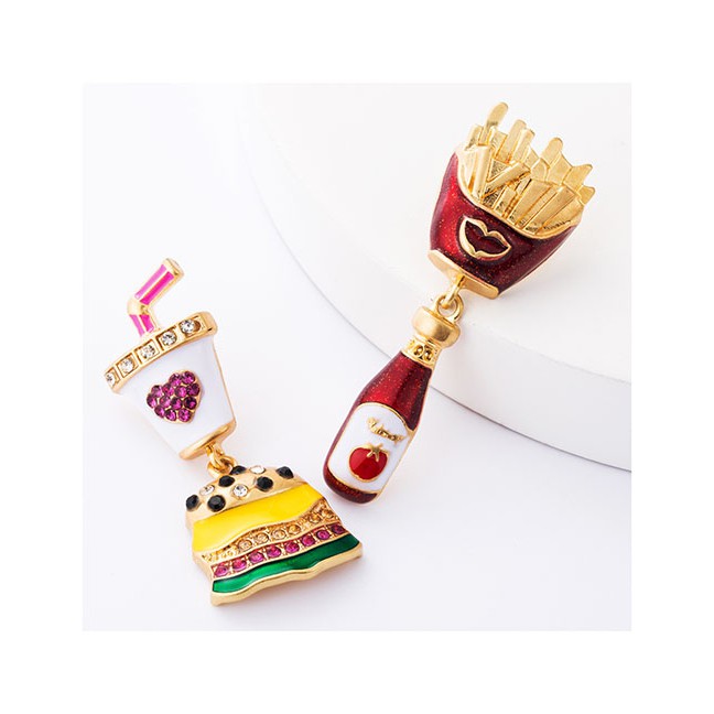 LRC Anting Fashion Color Alloy Dripping Diamond Hamburger French Fries Earrings D86938